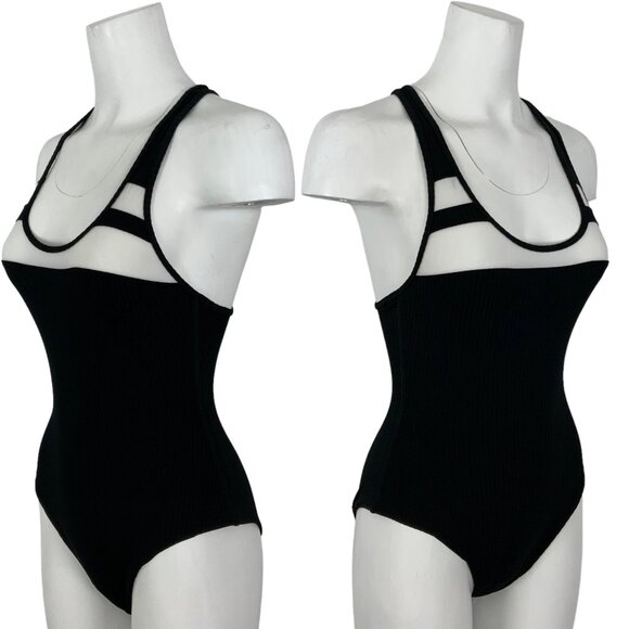 Hurley Block Party Racerback One Piece Swimsuit S Black Striped Beach - Picture 2 of 12